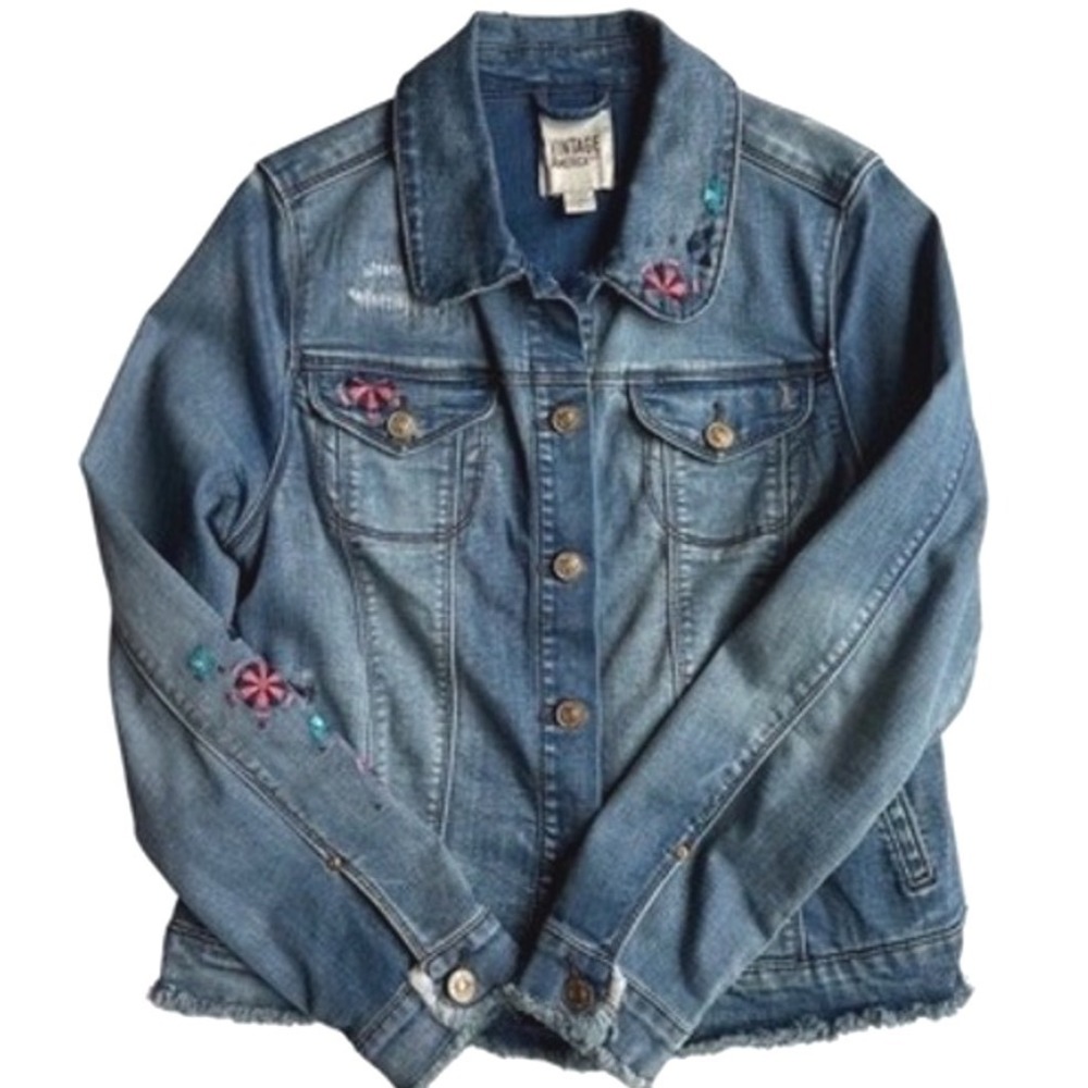 Vintage America Blues Embroidered Denim Jacket Medium Wash‎ Floral Frayed Hem M